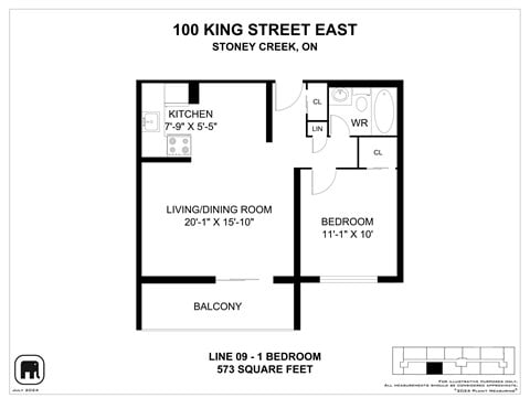 Floor plan for 1 bed, 1 bath, 629 sqft